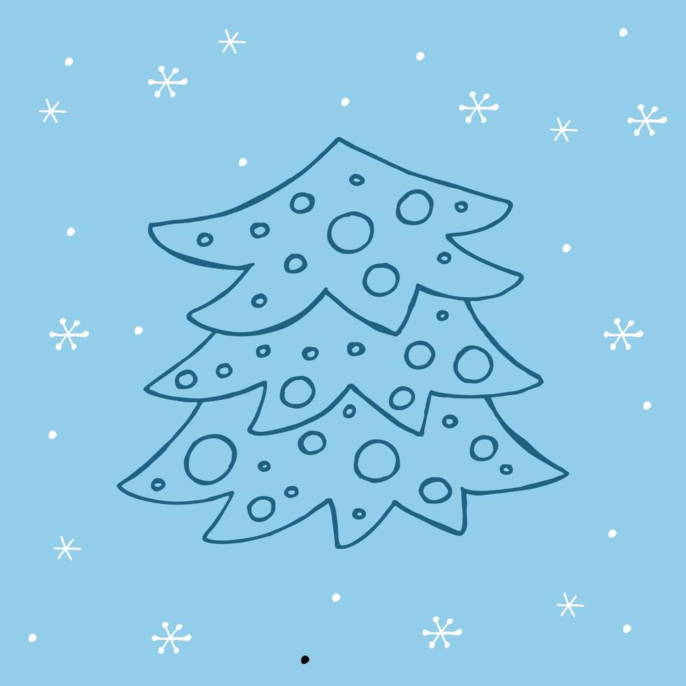 un árbol de navidad dibujado a mano. ilustración vectorial en estilo garabato. estado de ánimo de invierno. hola 2023. feliz navidad y próspero año nuevo. elemento azul oscuro con copos de nieve blancos sobre un fondo azul. vector