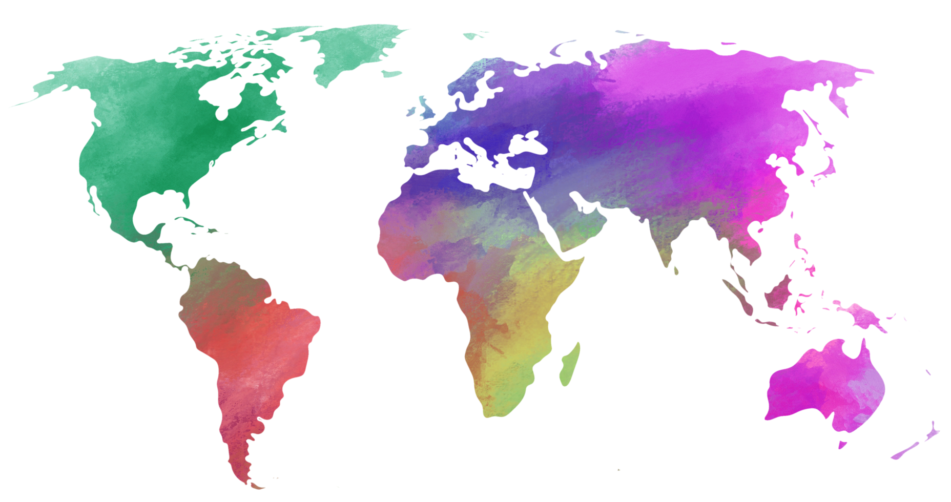 Colorful watercolor World map on transparent background. png