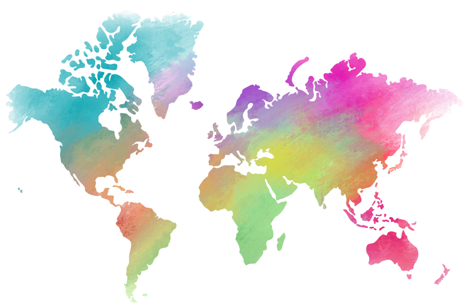 Colorful watercolor World map on transparent background. png