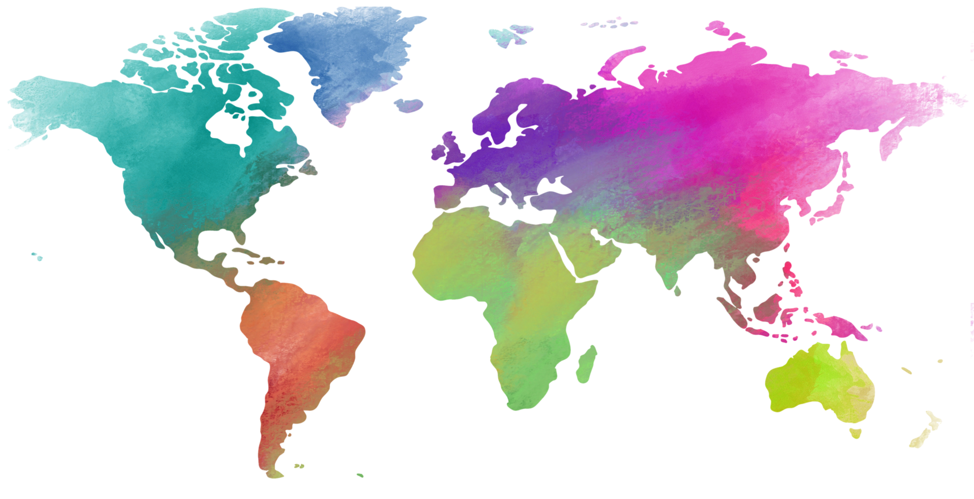 Colorful water color World map on canvas background. png