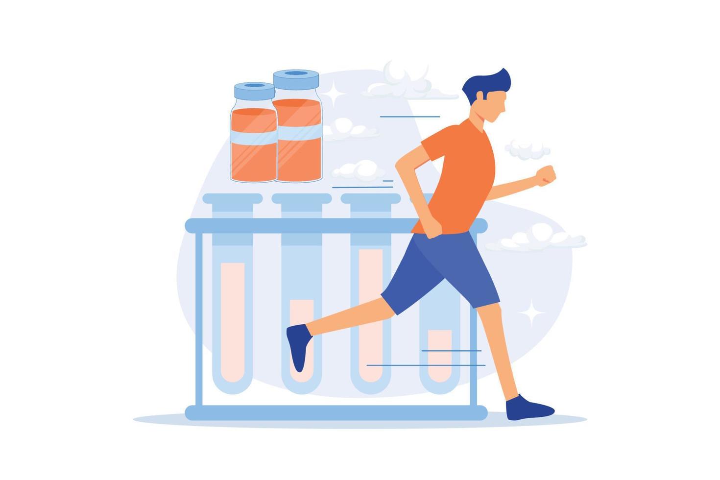 prueba de dopaje Medicamentos para mejorar el rendimiento deportivo. personaje de dibujos animados atlético competidor corriendo. prueba de laboratorio, matraz, componentes químicos. ilustración vectorial vector