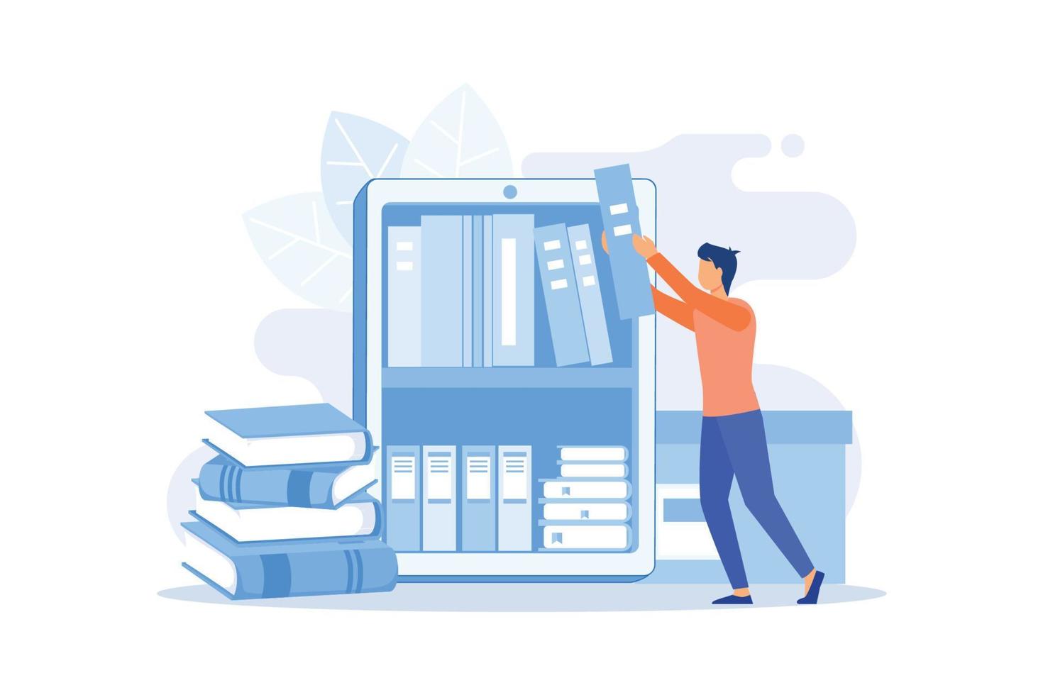 Ebooks collection. Library archive, e reading, literature. Male cartoon character loading books in ereader. Man putting novels in covers on bookshelf. Vector illustration
