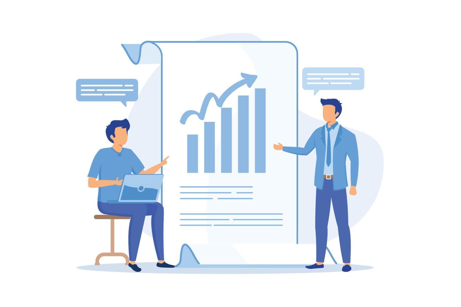 informe financiero empresarial. empresarios personajes de dibujos animados que escriben un plan de negocios, analizan datos y estadísticas. gráfico, información, investigación. ilustración vectorial vector