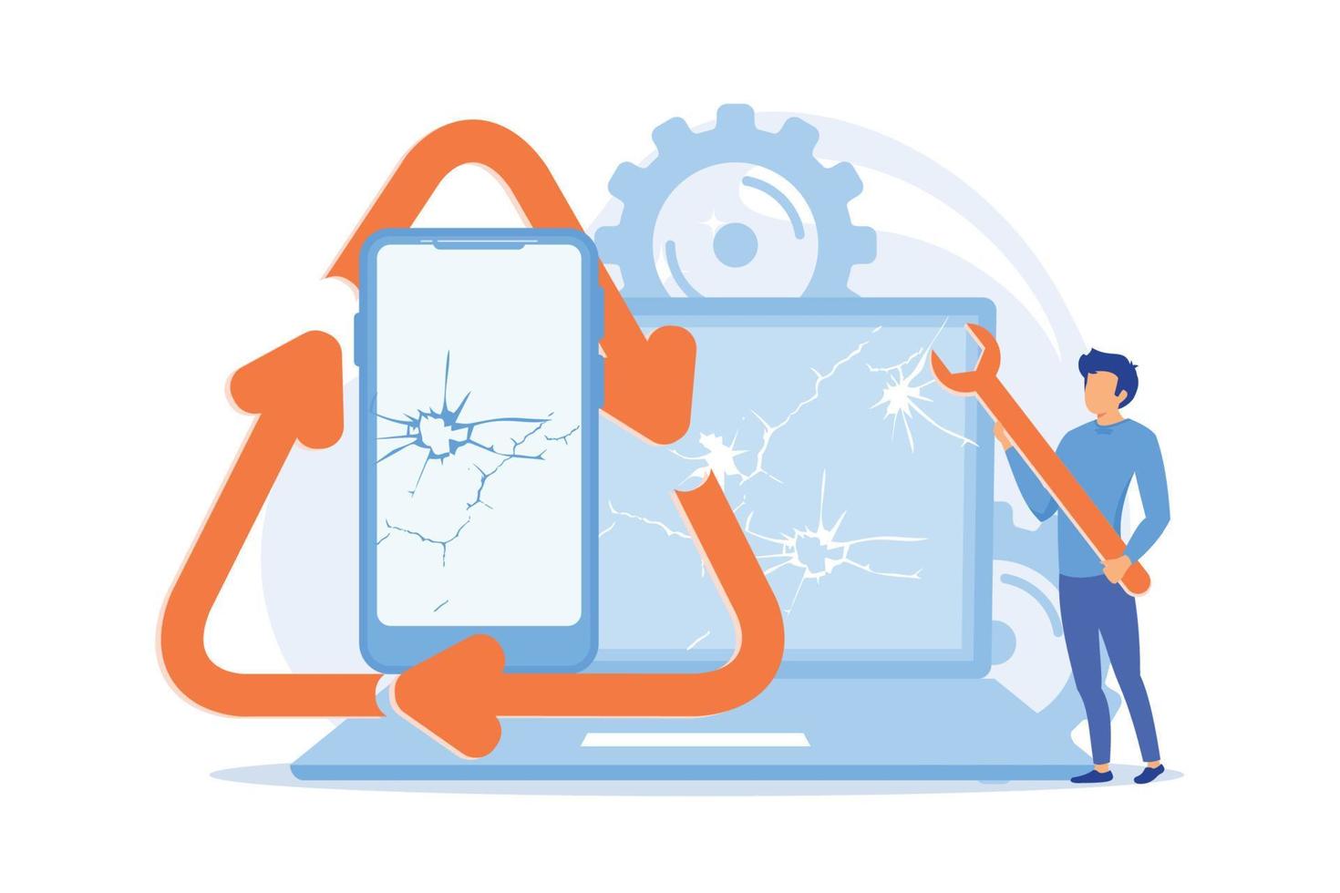 Broken electronics reusing. Damaged device fixing, repairing service, used portable gadgets. Smartphone and laptop with cracks on screen. Vector illustration
