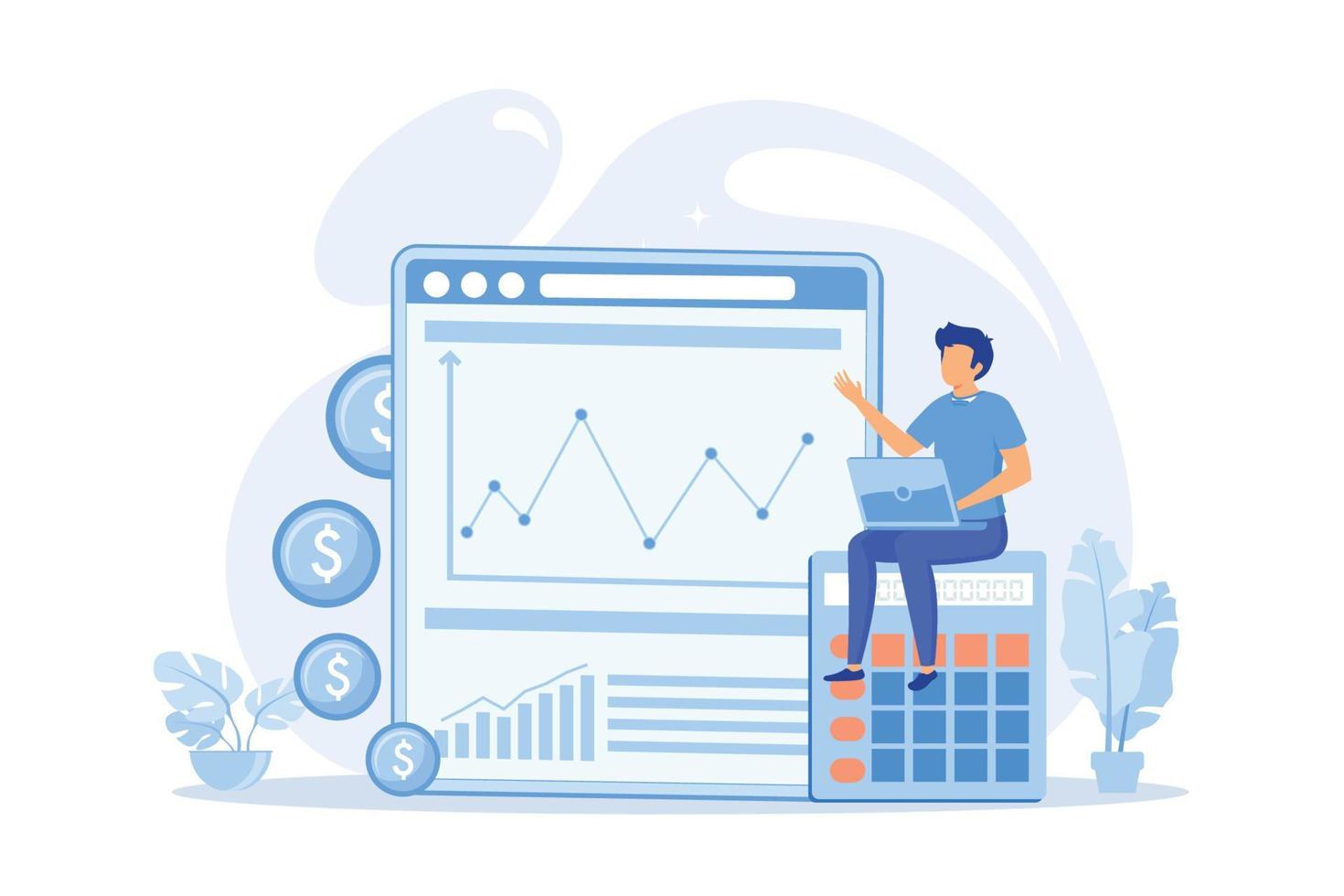 Business accounting, profit growth, calculation. Data analysis, analytics and statistics. Accountant, bookkeeper with laptop cartoon character. Vector illustration