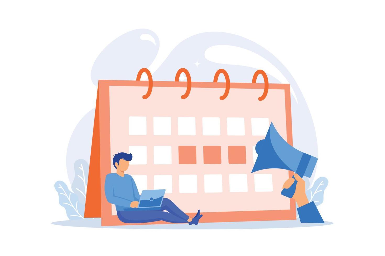 Event calendar notification. Freelancer project, deadline date, appointment reminder. Calender and megaphone isolated design element. Time management. Vector illustration