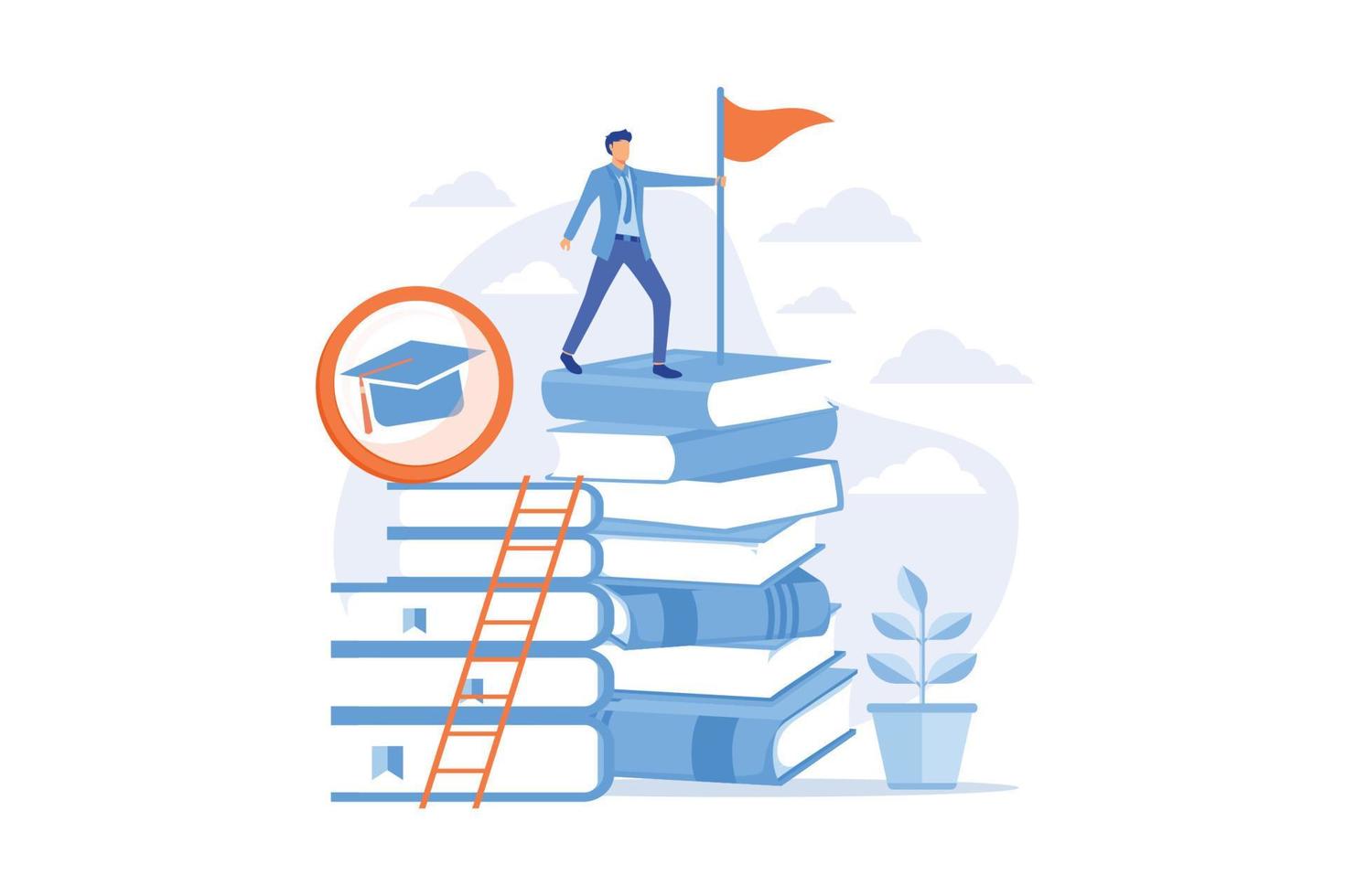 Clever man, student standing on books stack with flag. Self learning, personal improvement, knowledge obtaining. Educational achievement. Vector illustration