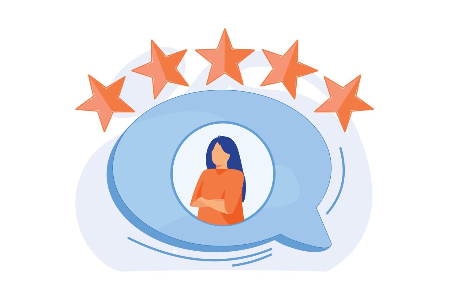 experiencia del cliente, comentarios. revisión del cliente, satisfacción, evaluación. estrellas de clasificación. avatar de usuario de la red de medios sociales en la burbuja del habla. ilustración vectorial vector