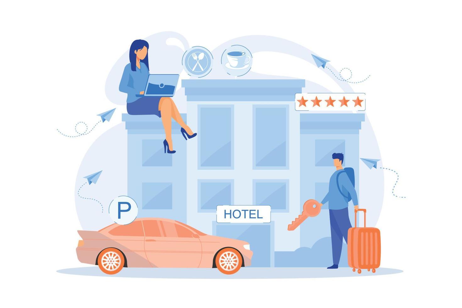 Business people at hotel use all included services, lodgings and wifi. All-inclusive hotel, luxury hospitality resort, all included service concept. vector