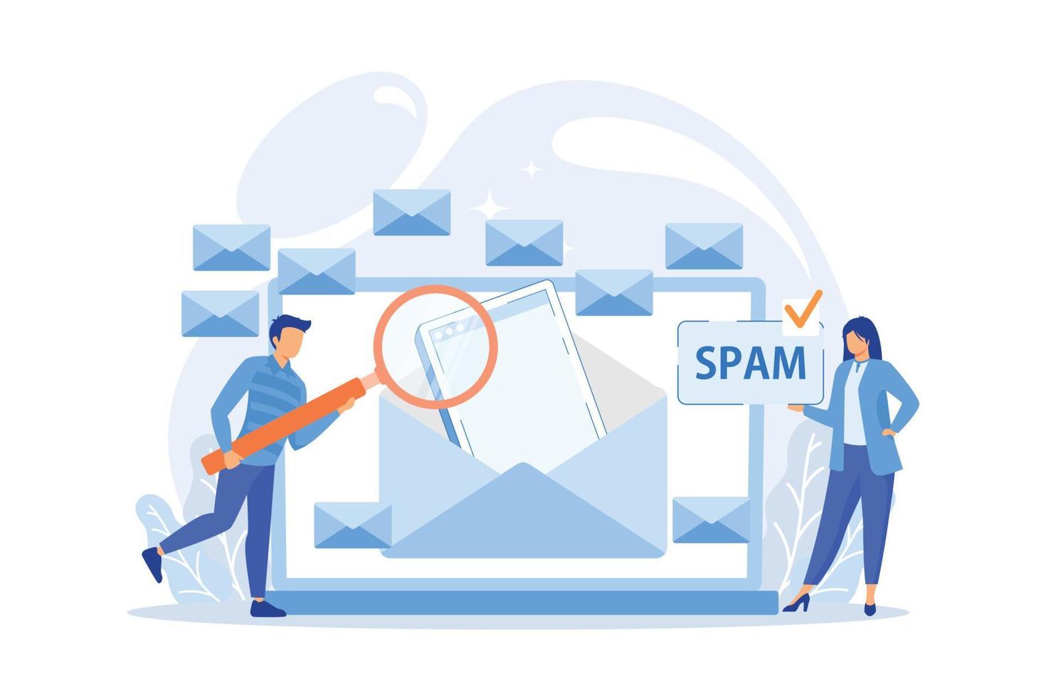 los hombres de negocios reciben publicidad, phishing, difusión de malware irrelevante mensaje de spam no solicitado. spam, mensajes no solicitados, concepto de propagación de malware. ilustración vectorial vector