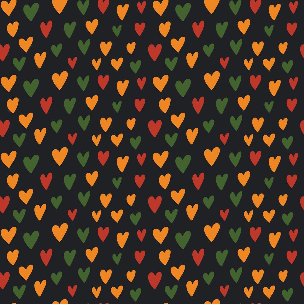 Cute simple Kwanzaa, Black History Month, Juneteenth seamless pattern with hand drawn hearts in traditional African colors -  red, green, yellow on black backdrop. Sweet vector background. Fabric