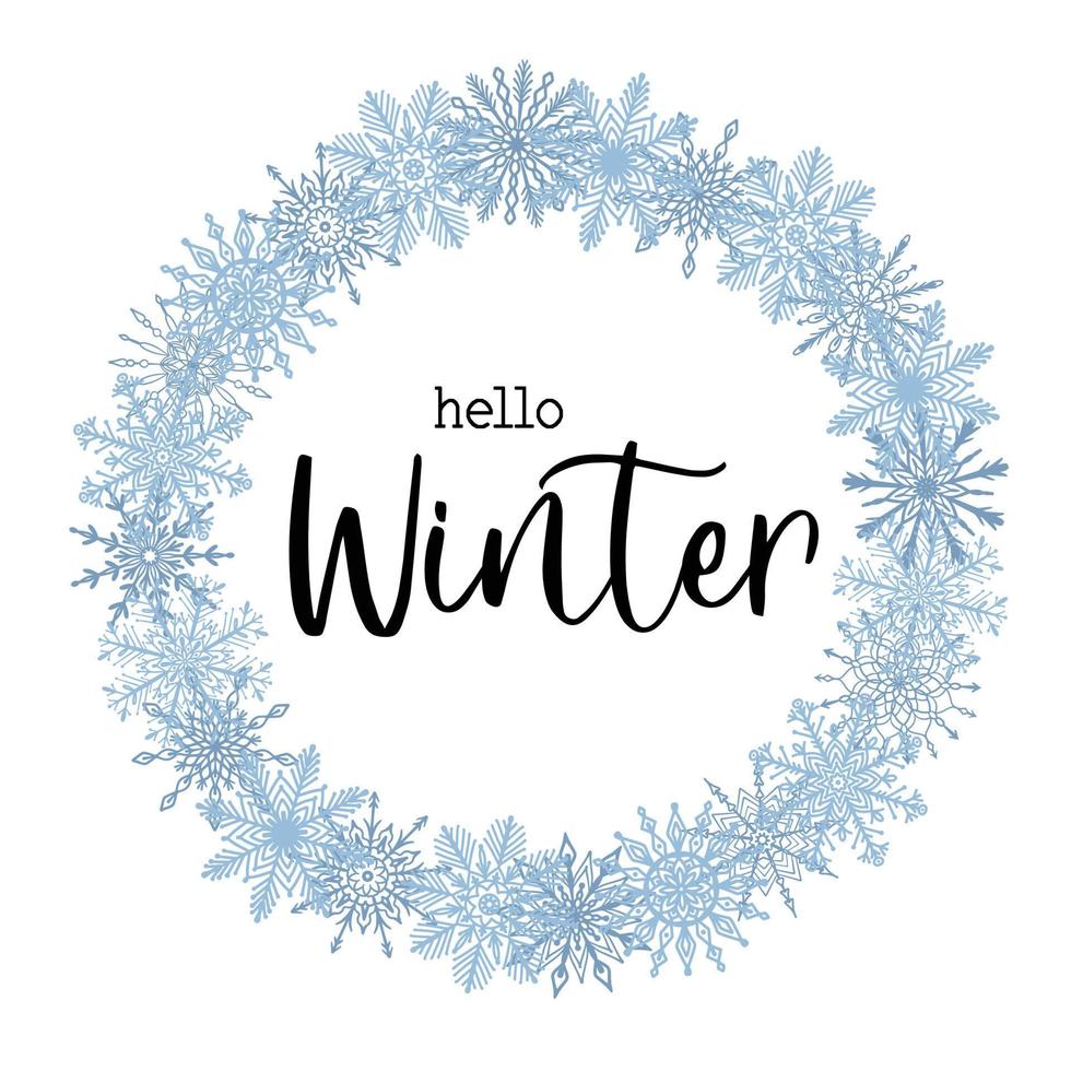 Beautiful winter season greeting card with text Hello Winter. Winter festive design template. Vector square poster.