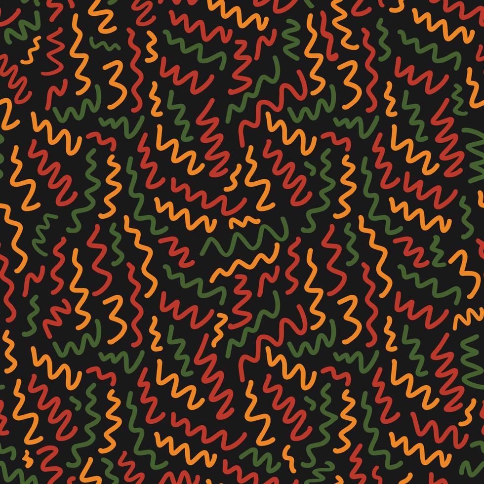 patrón abstracto sin costuras con garabatos dibujados a mano al azar líneas de garabatos en colores africanos tradicionales: rojo, amarillo, verde sobre fondo negro. telón de fondo étnico para kwanzaa, mes de la historia negra vector