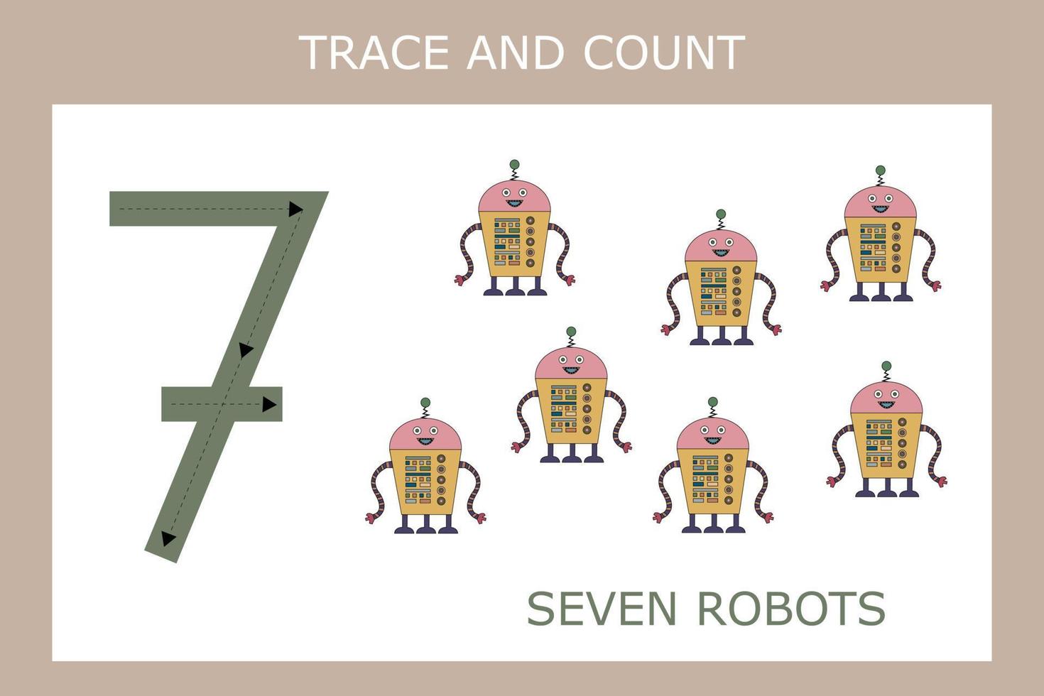 Numbers for kids. Worksheet for kindergarten and preschool. Training to write and count numbers with funny  robots vector