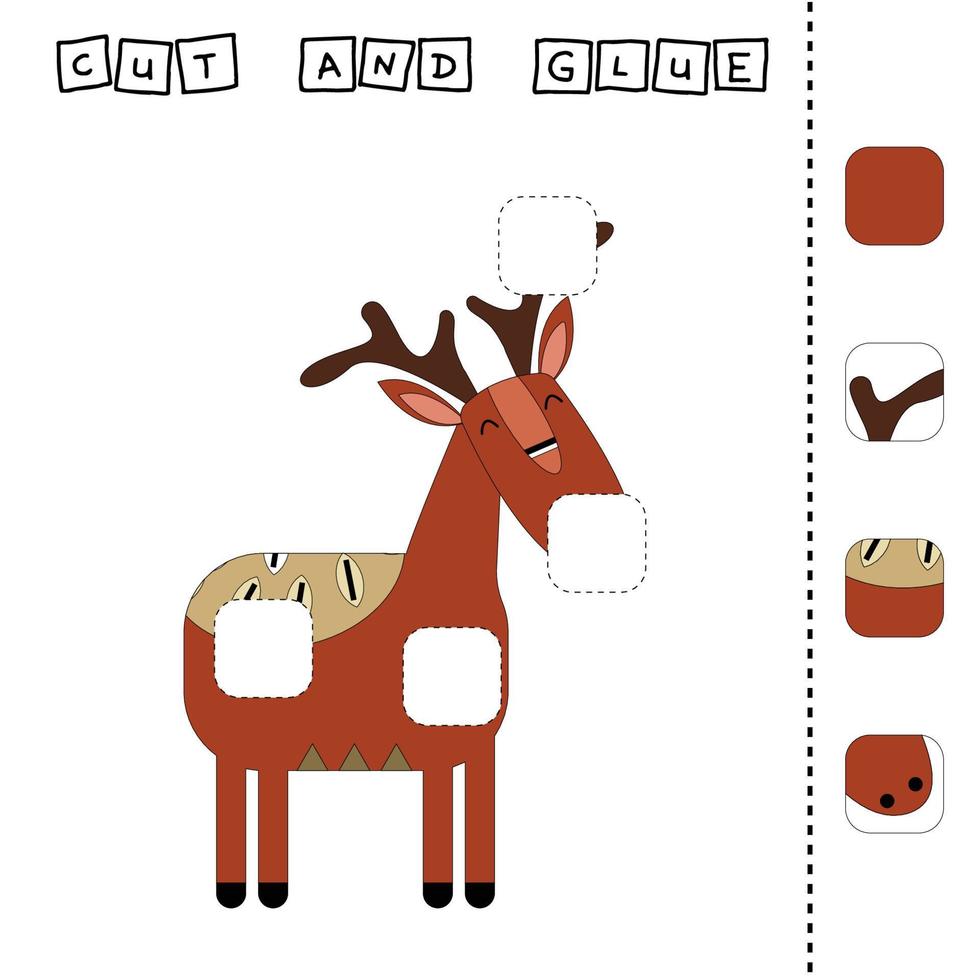 Paper game for the development of preschoolers. Cut out parts of the image and glue on the deer. A fun game for kids vector