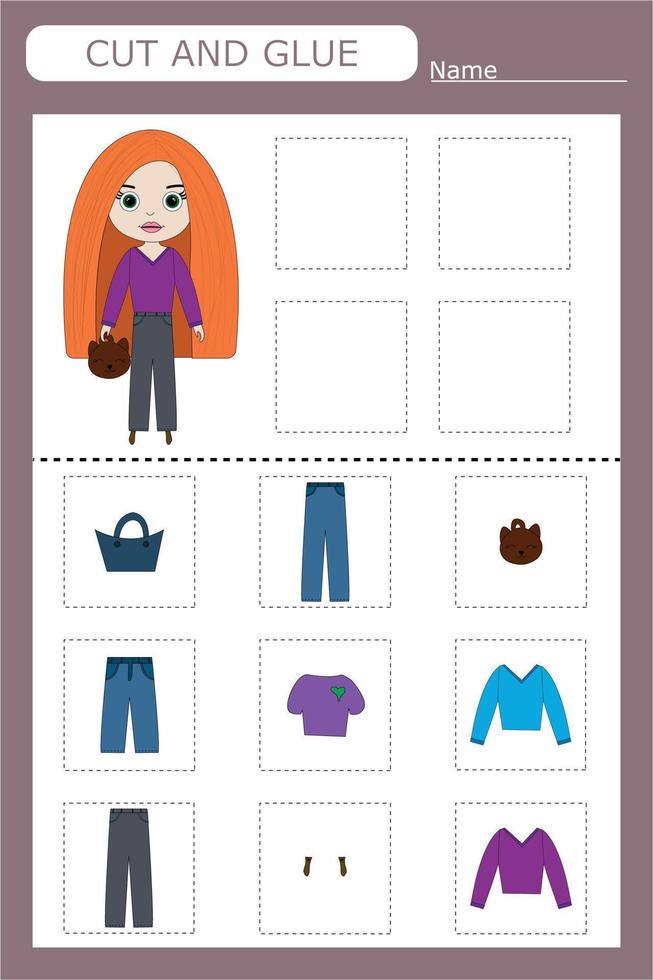 juego educativo para un niño elige la ropa que lleva la niña entre todas las opciones, corta y pega vector