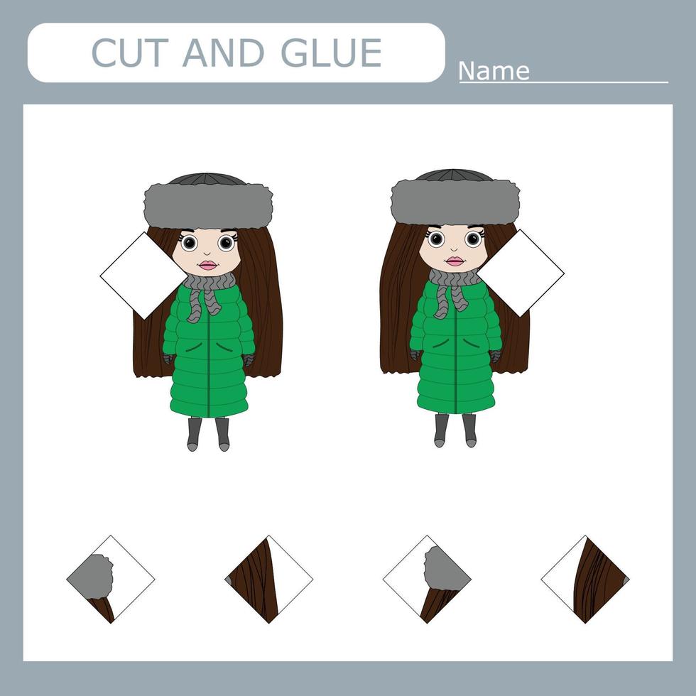 Worksheet vector design, the task is to cut and glue a piece on girls.  Logic game for children.