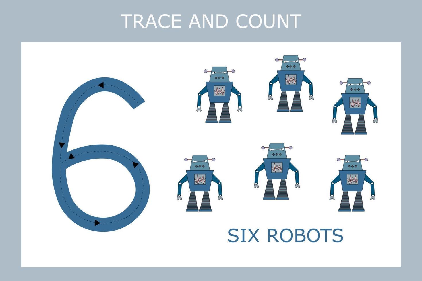Numbers for kids. Worksheet for kindergarten and preschool. Training to write and count numbers with funny  robots vector