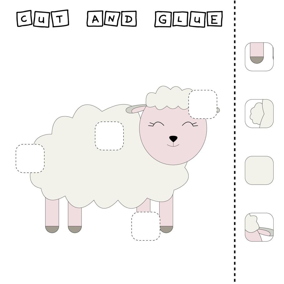 Cut out and glue. Educational game for children. Vector template with sheep
