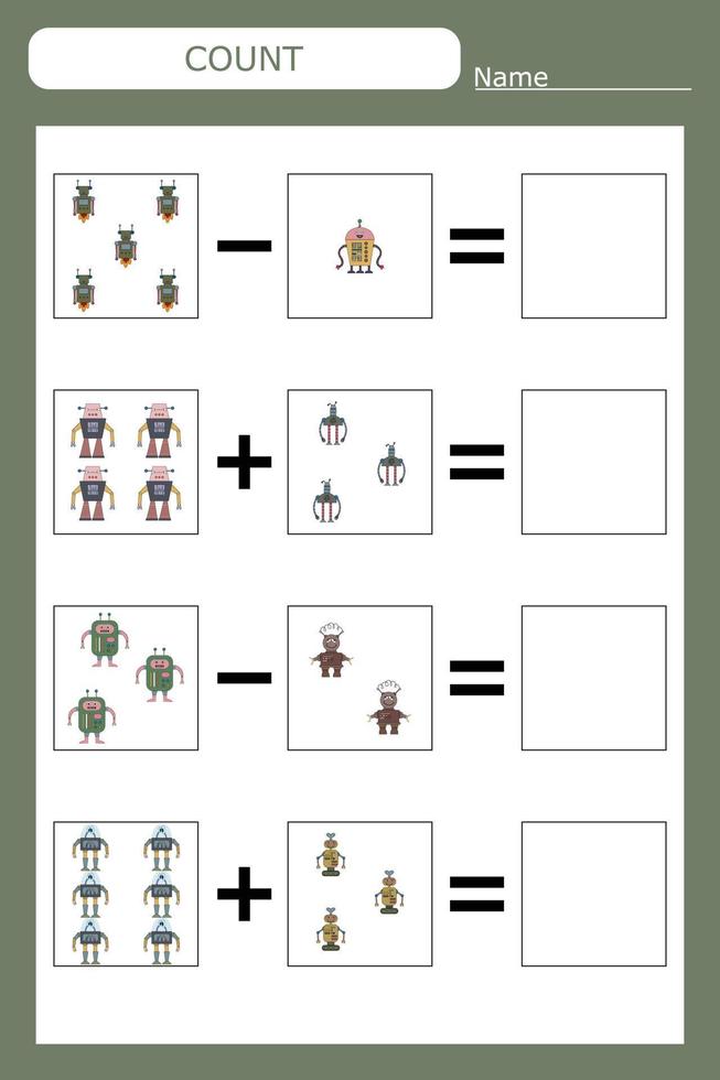 How many counting game with funny robots. Worksheet for preschool kids, kids activity sheet, printable worksheet vector