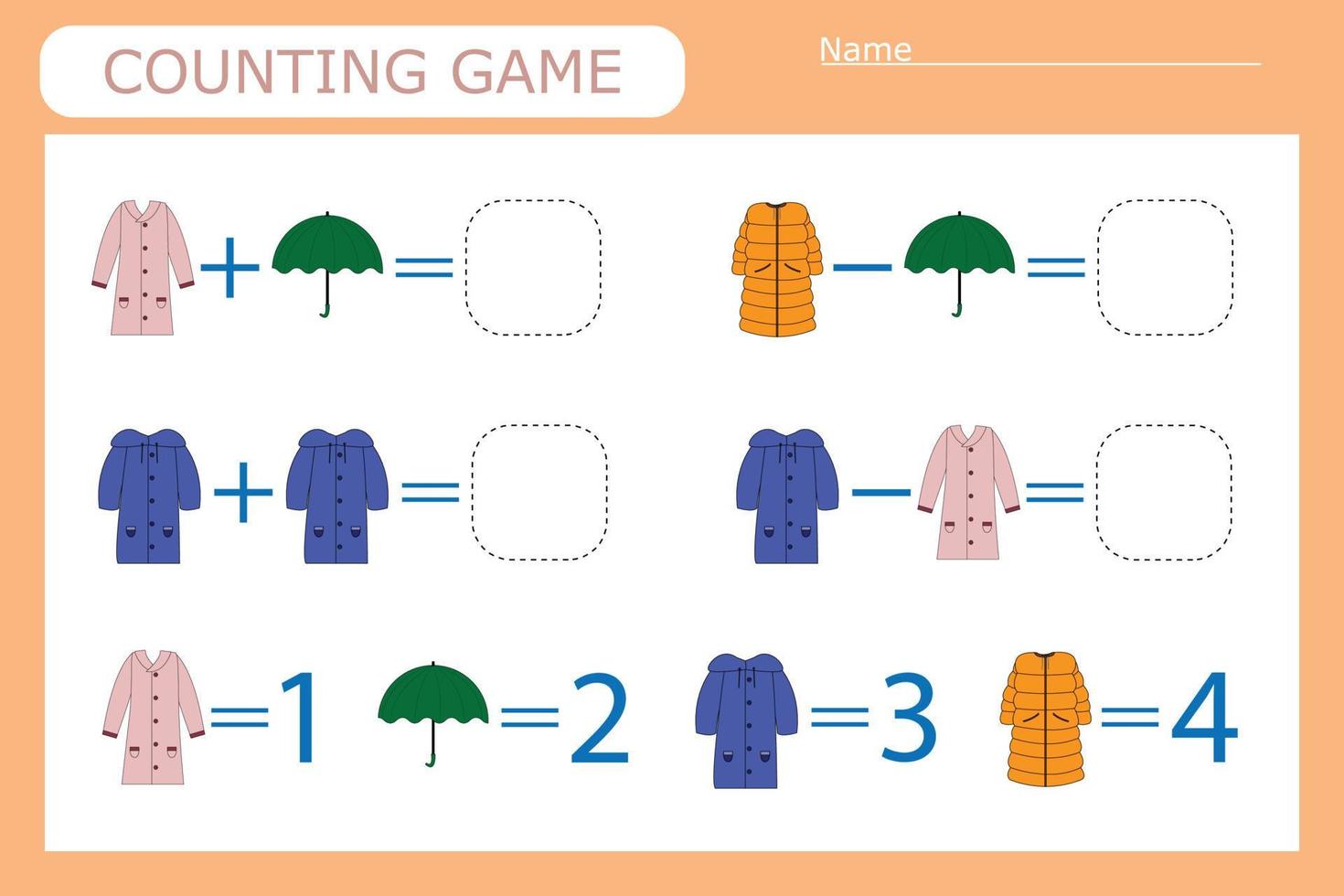 Counting game for preschool children. Solve the riddle with the help of children's clothes and solve the examples vector