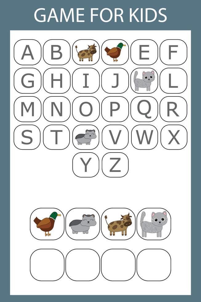 Lógica alfabética para preescolares. recoger la palabra resolviendo el acertijo vector