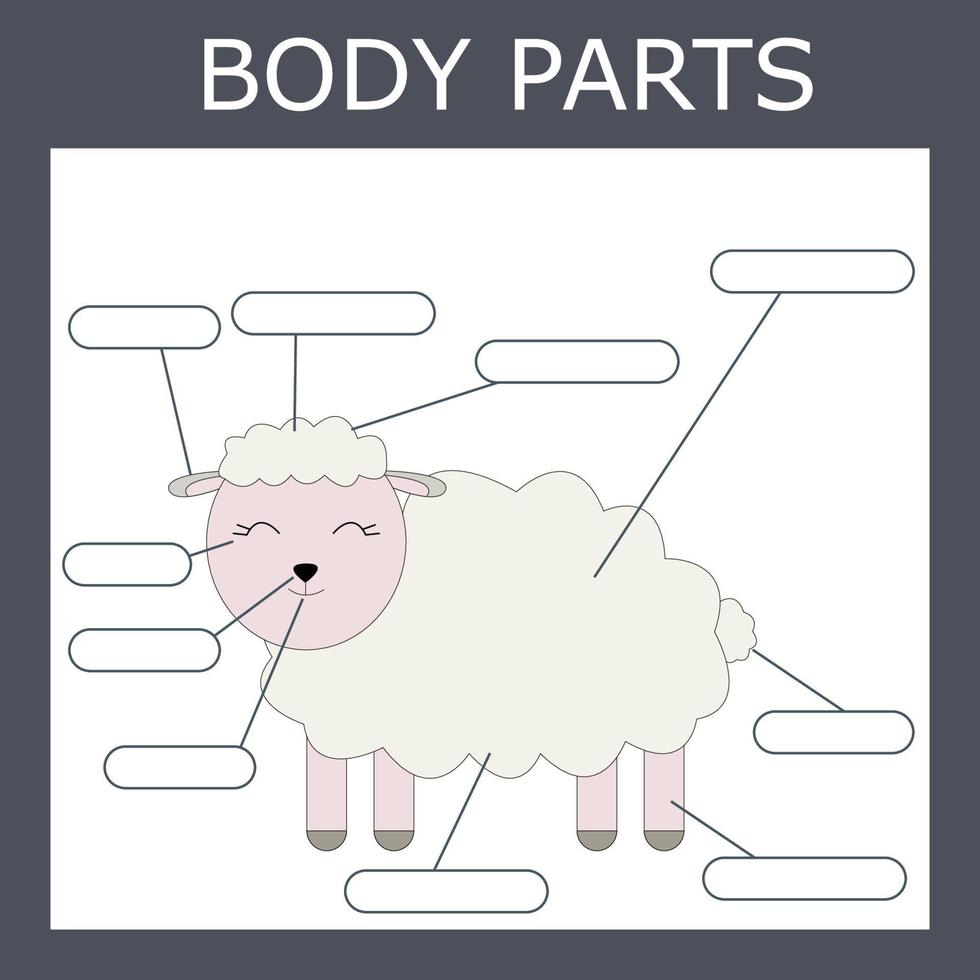 Escribe las partes del cuerpo de la oveja. juego educativo para niños. vector