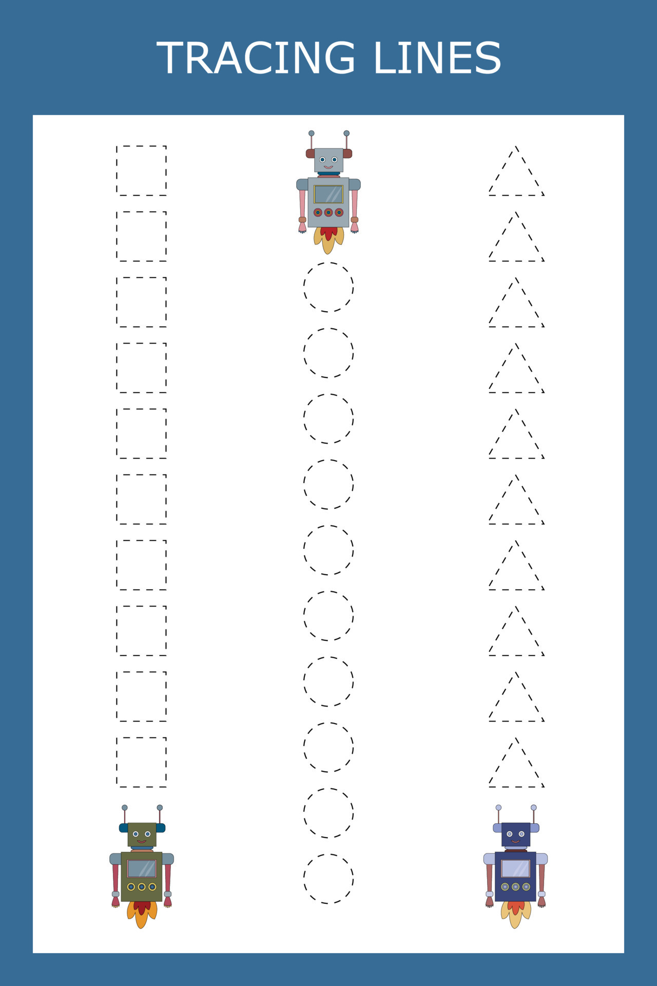 Tracing lines game with robots. Worksheet for preschool kids, kids