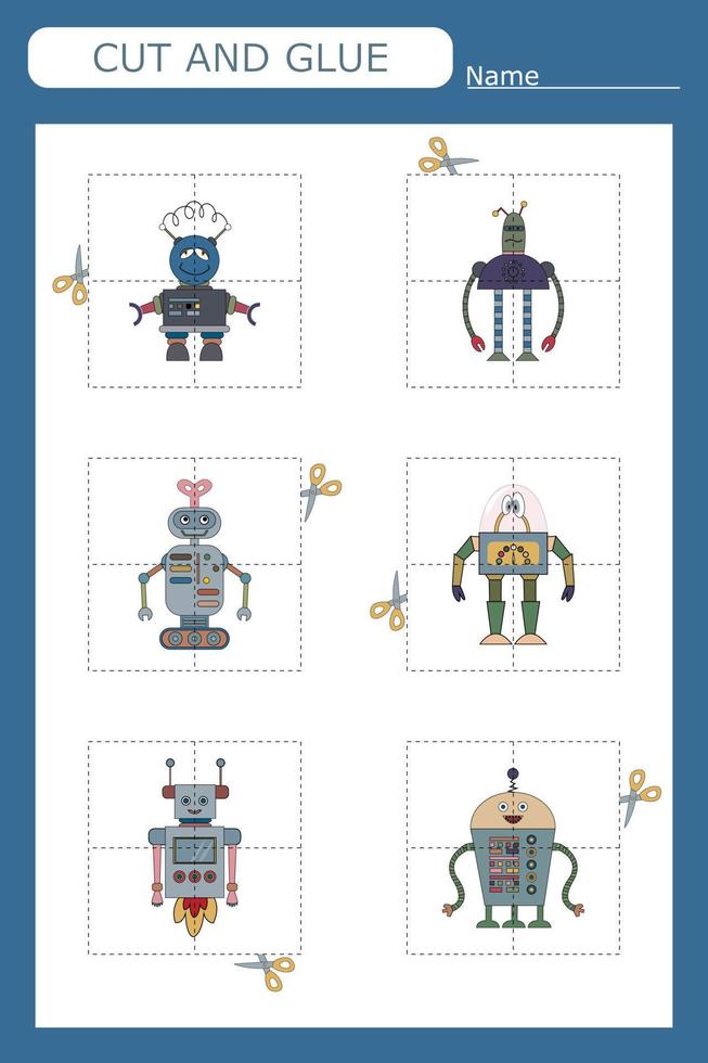 worksheet vector design, the task is to cut and glue a piece on colorful  robots .  Logic game for children.