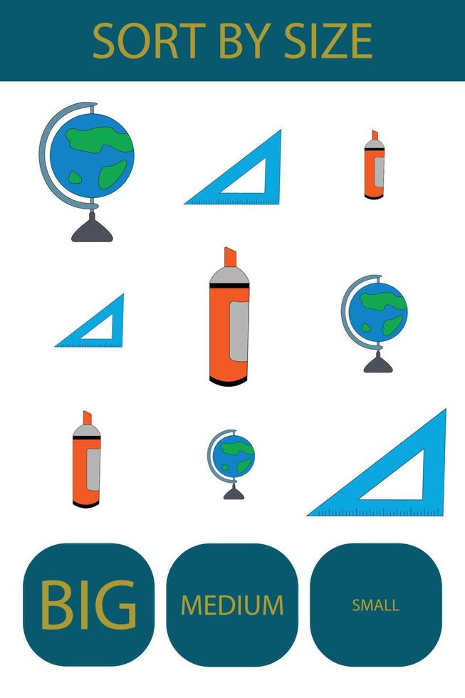 Sort  school supplies  into lbig, arge and small. An example of the opposite word antonym for a child vector