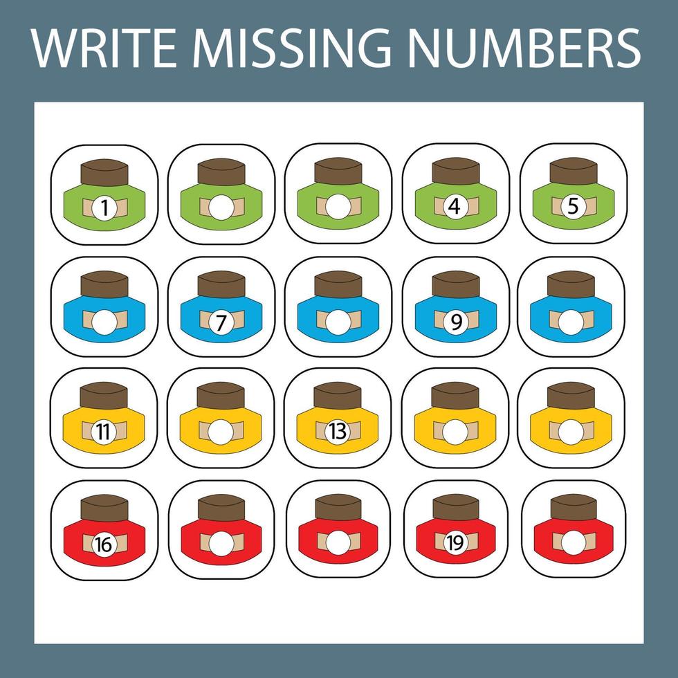 The task is to write in the lost numbers from 1 to 20. Educational exercises for preschool children vector