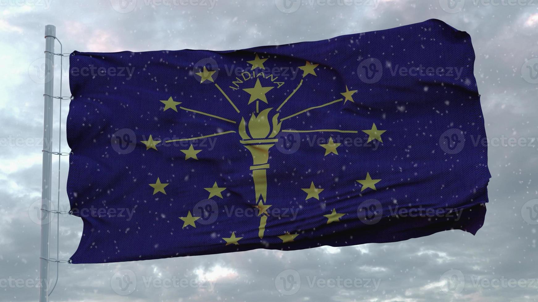 Indiana winter flag with snowflakes background. United States of America. 3d illustration photo