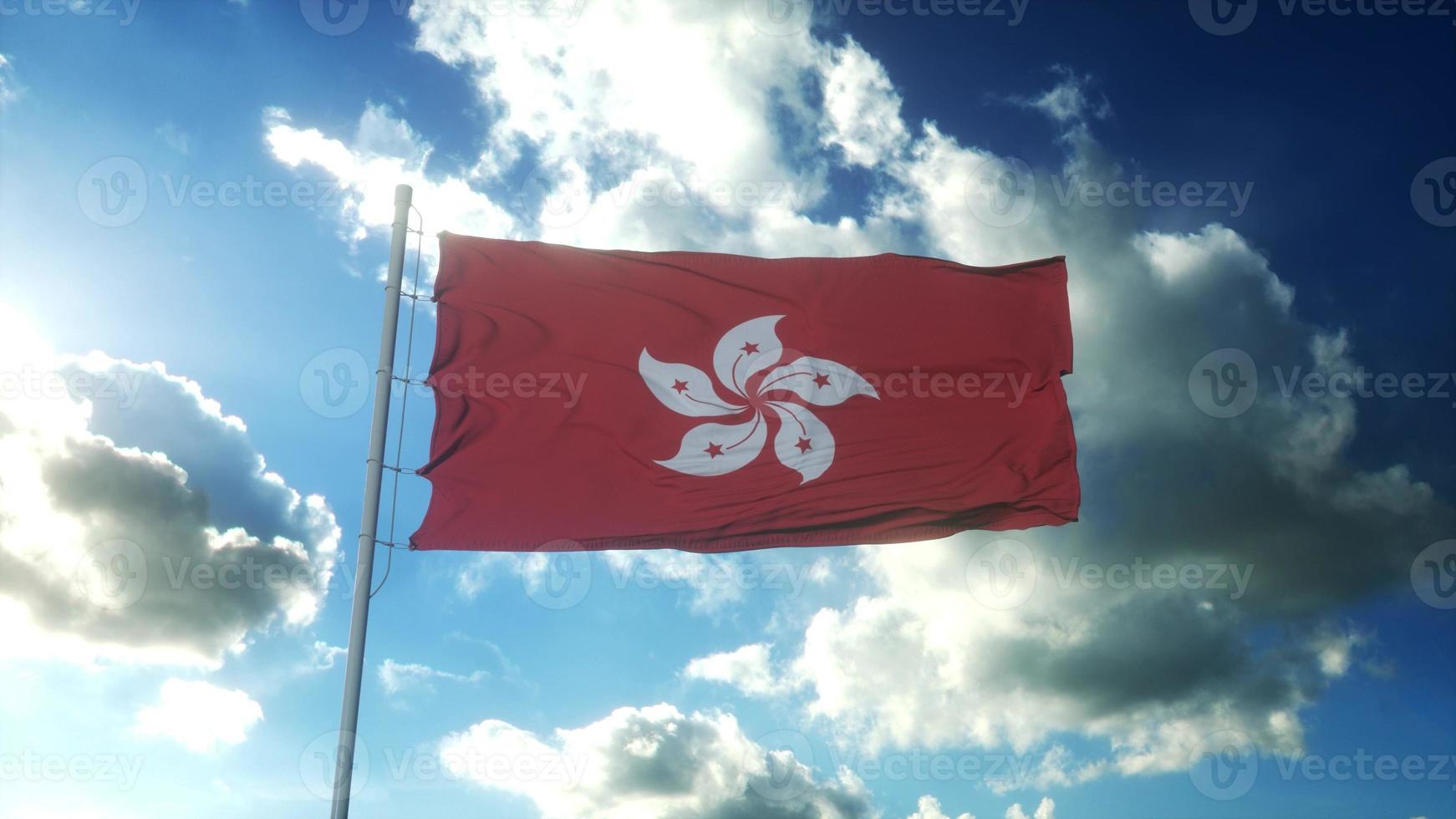 Flag of Hong Kong waving at wind against beautiful blue sky. 3d illustration photo