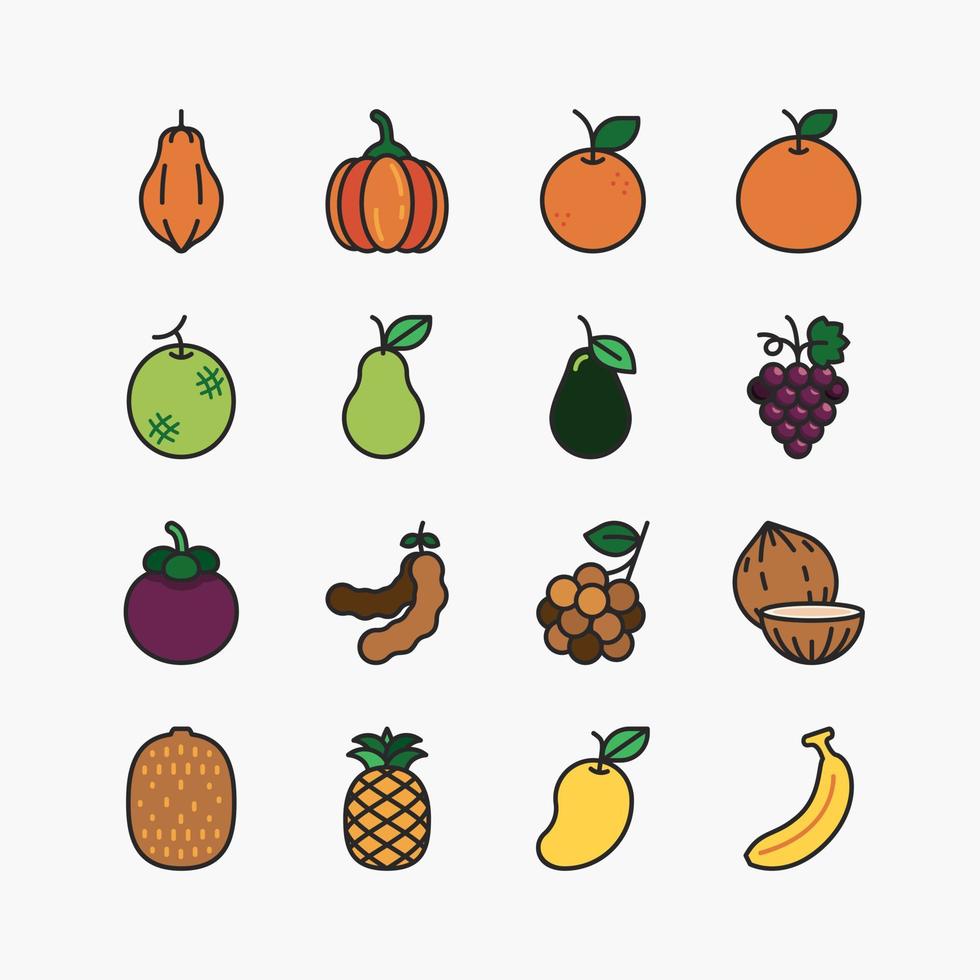 conjunto de iconos negros de frutas y bayas. sobre un fondo blanco. icono de vectores