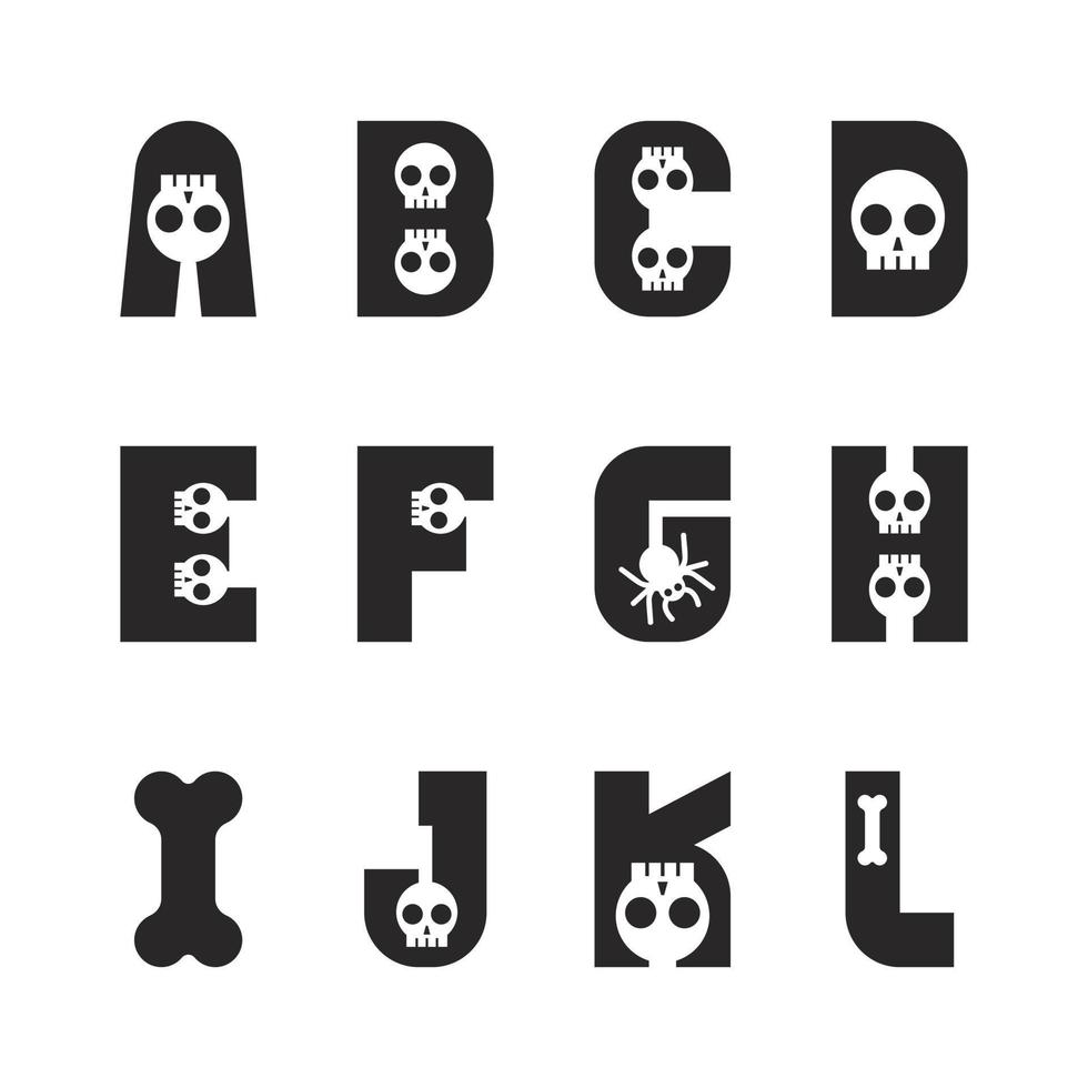 fuente de halloween alfabeto tipográfico con cráneo espeluznante e ilustración de terror. tipo de diseño para la celebración de fiestas navideñas. diseño de fuentes vectoriales. vector