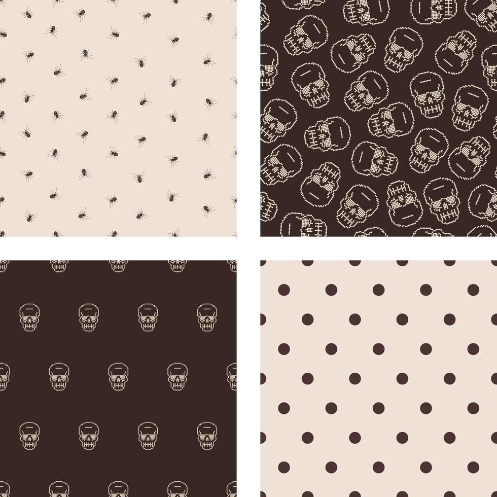 Halloween set of patterns with skulls and spiders dark and light background vector