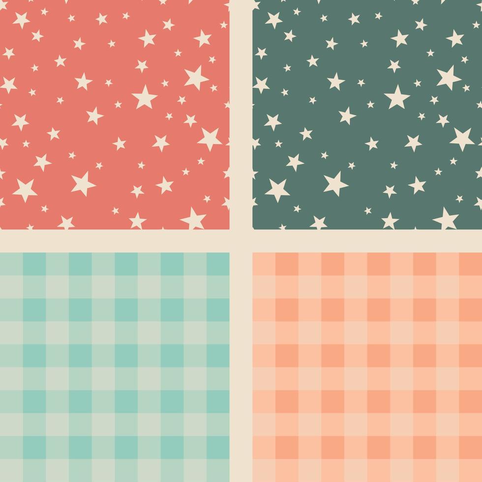 Tiled children's orange and green vector pattern with stars and checkered plaid