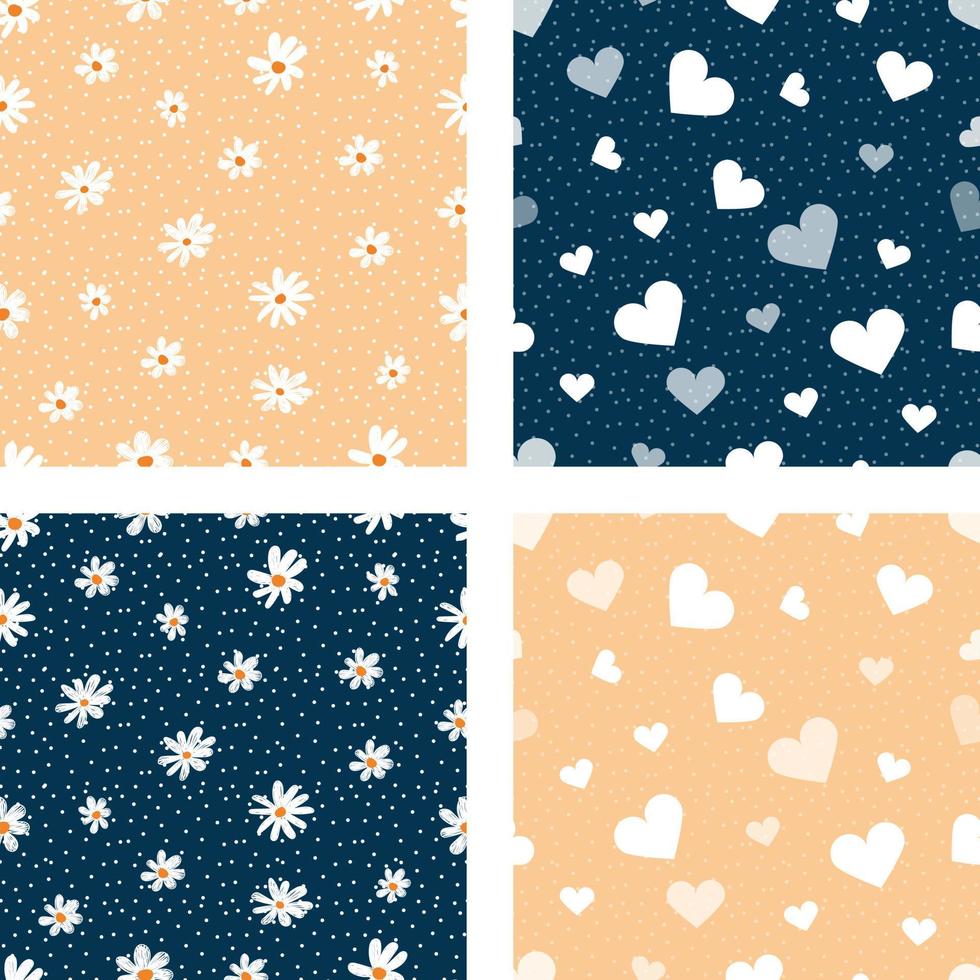 set of patterns with daisies and hearts vector