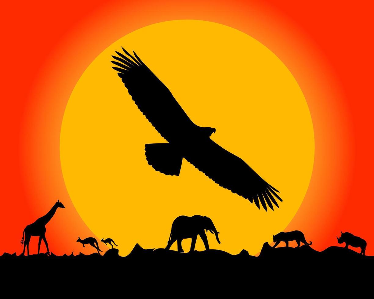 puesta de sol y animales salvajes vector