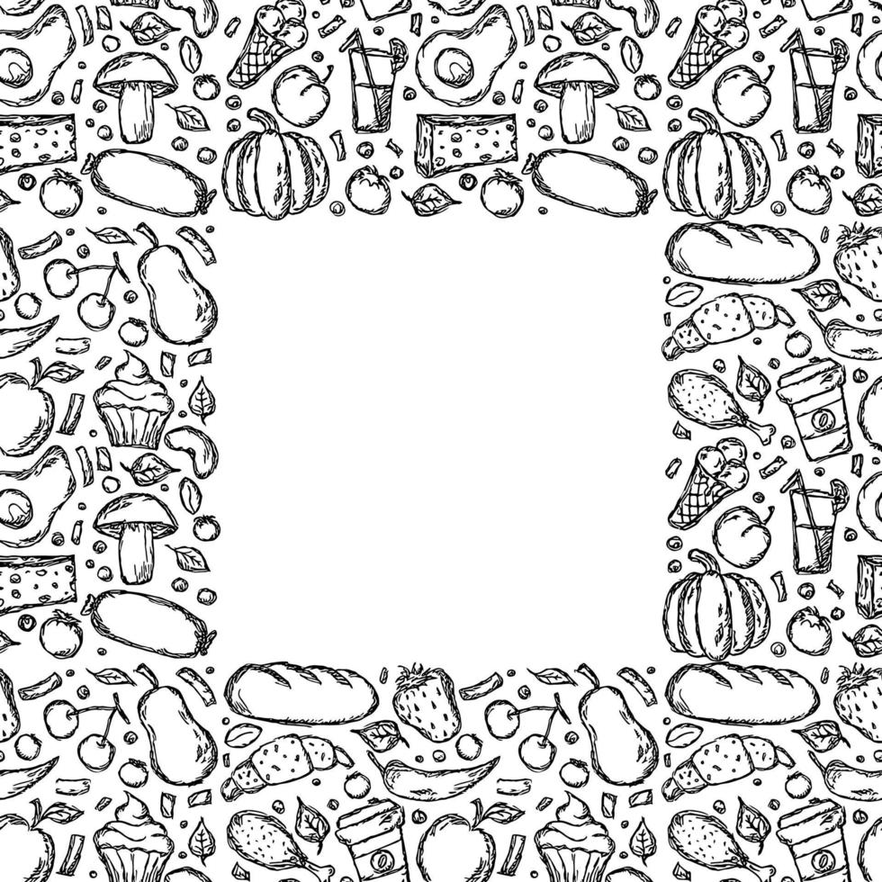 Set of icons on the theme of food. Food vector. Doodle vector with black and white food icons. Food frame. Free Vector