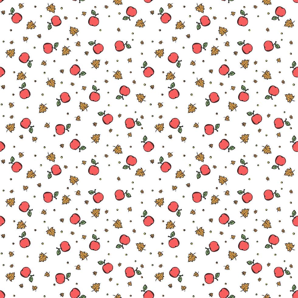 Seamless autumn pattern with apples and leaves. Red apples and maple leaves background. Apple pattern vector