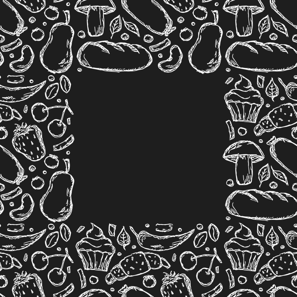 Set of icons on the theme of food. Food vector. Doodle vector with black and white food icons. Food frame. Free Vector