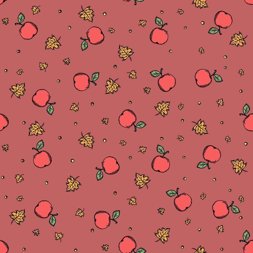 Seamless autumn pattern with apples and leaves. Red apples and maple leaves background. Apple pattern vector