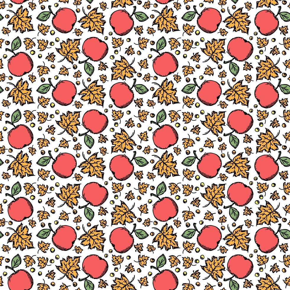 Seamless autumn pattern with apples and leaves. Red apples and maple leaves background. Apple pattern vector