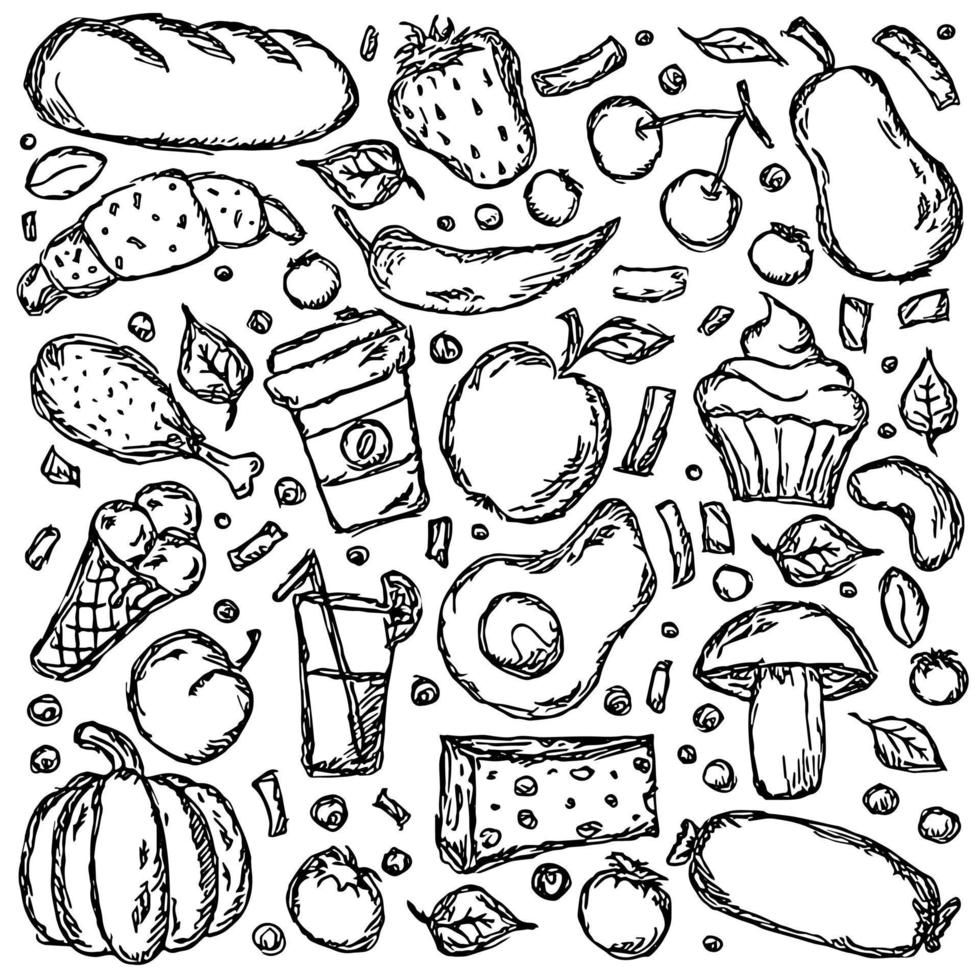 conjunto de iconos sobre el tema de la comida. vector de comida vector de fideos con iconos de comida en blanco y negro. vector libre