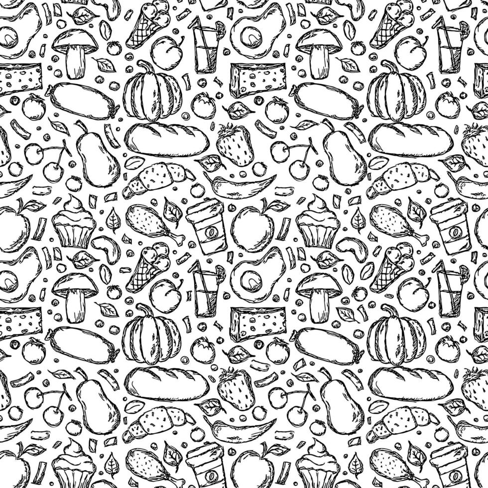 Set of icons on the theme of food. Food vector. Doodle vector with black and white food icons. Food pattern. Free Vector