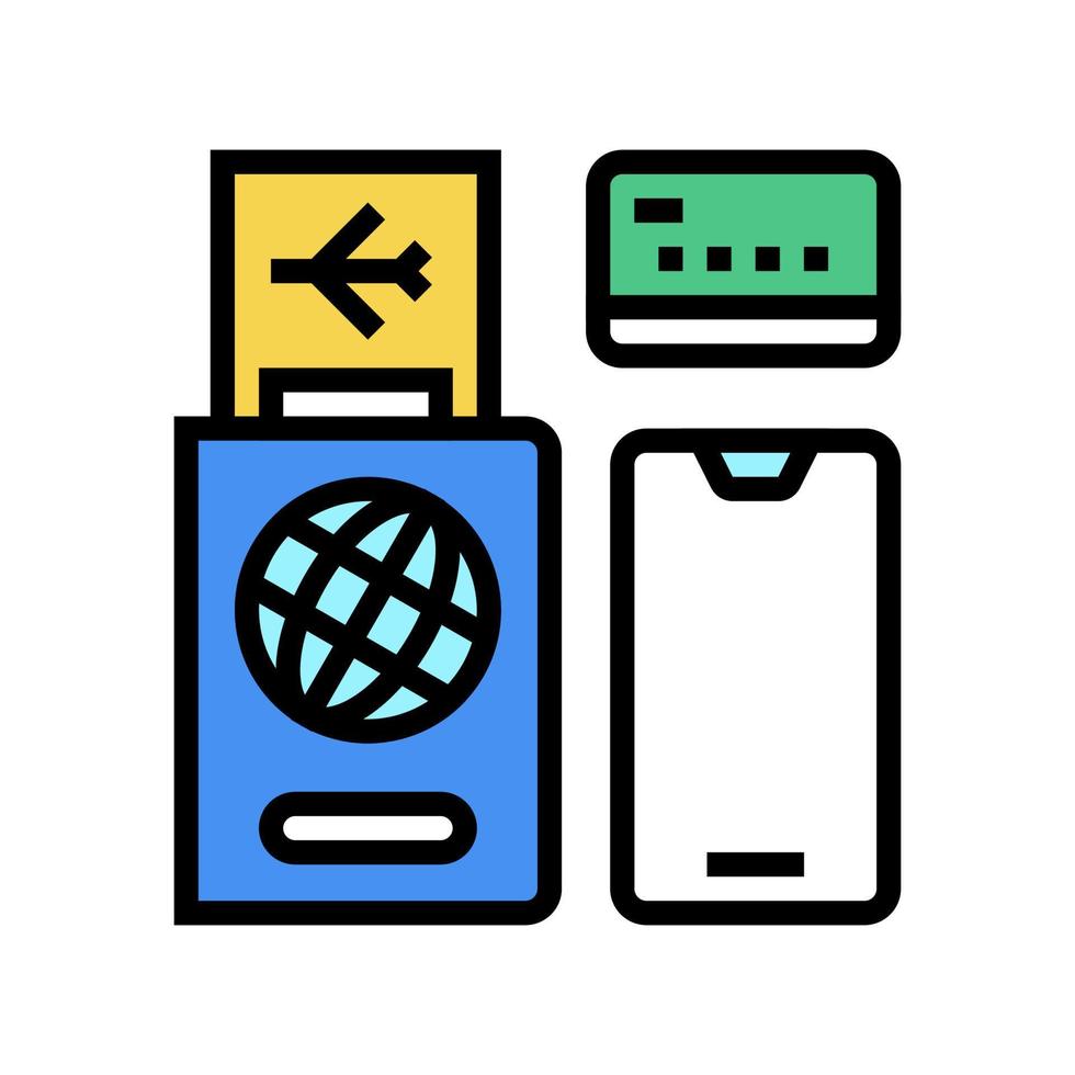 pasaporte internacional, billete, tarjeta bancaria e icono de color de smartphone ilustración vectorial vector