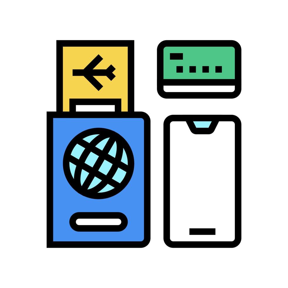 international passport, ticket, bank card and smartphone color icon vector illustration