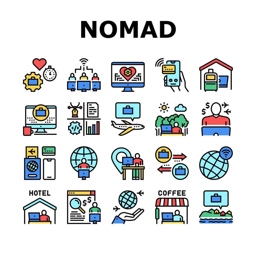 Digital Nomad Worker Collection Icons Set Vector