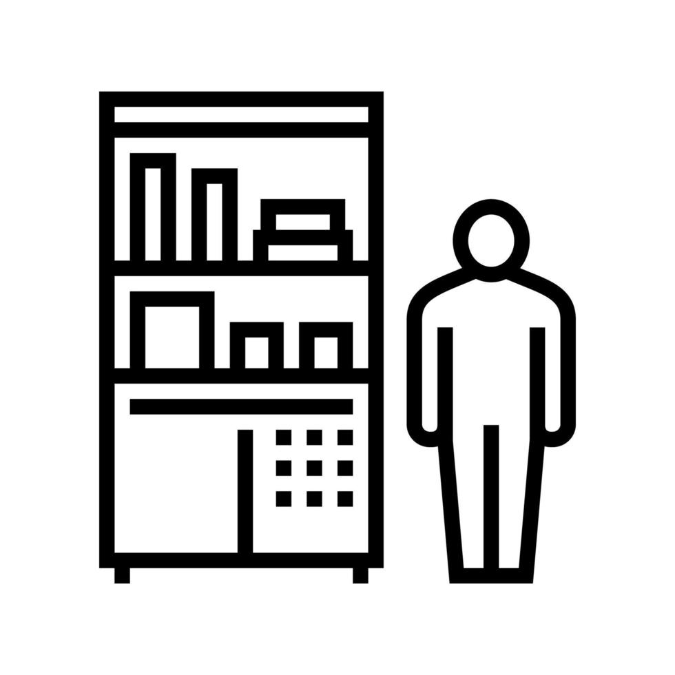 vitrina de trabajador de farmacia con ilustración de vector de icono de línea de píldoras